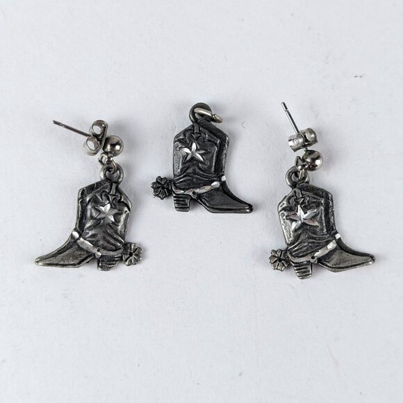 Vintage Jewelry - Silver-Tone Cowboy Boot Pendant & Earrings Set
